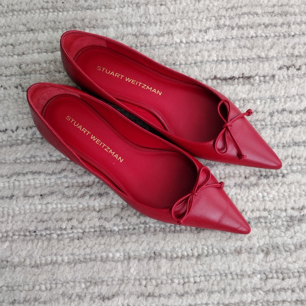 Stuart Weitzman Red Pointed-Toe Leather Ballet Flats